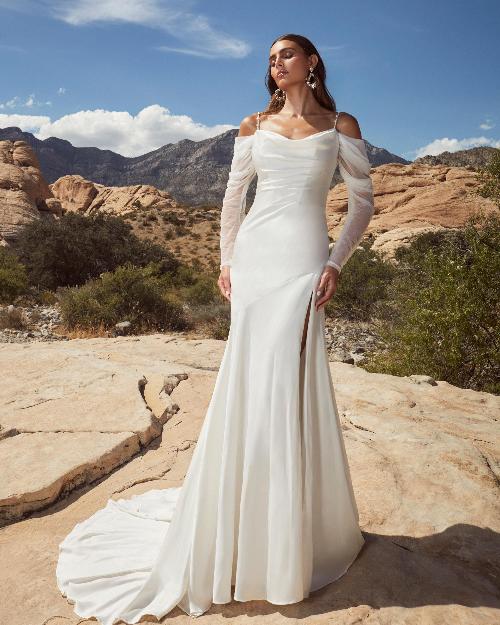 Lp2416 simple sheath wedding dress with long sleeves or spaghetti straps1
